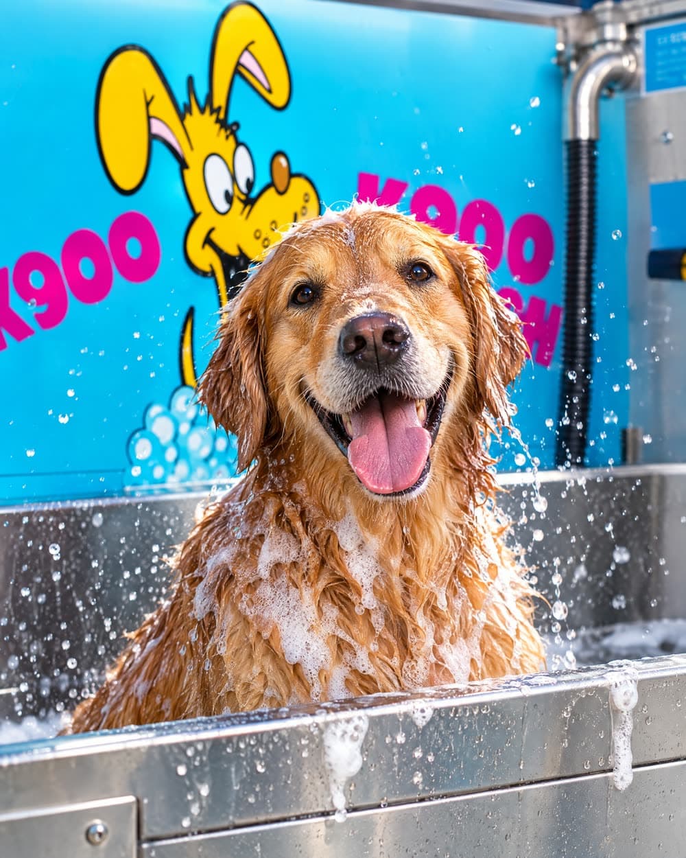 A golden retriever in the K9000 dog wash tub