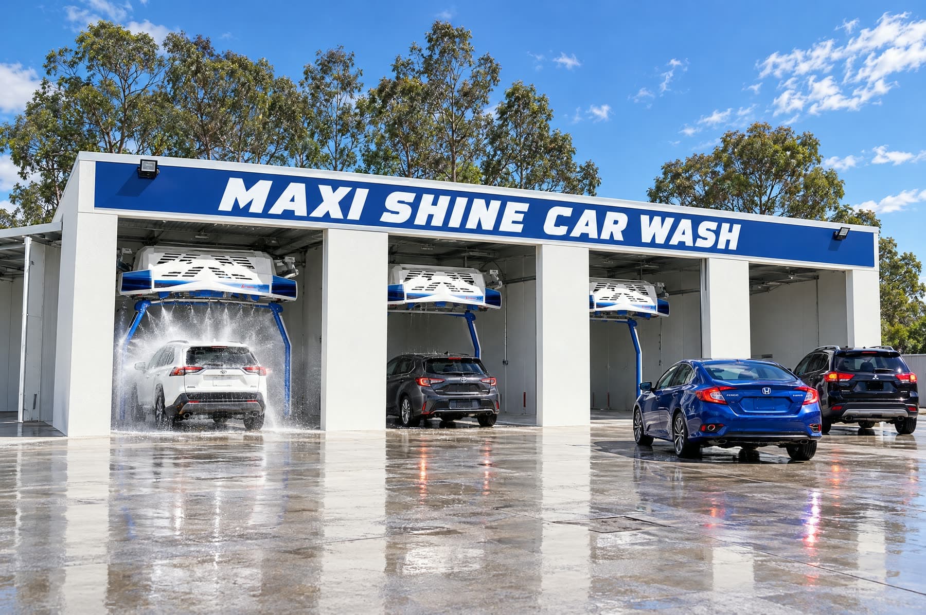 Maxishine Metford touchless wash bays with cars being washed